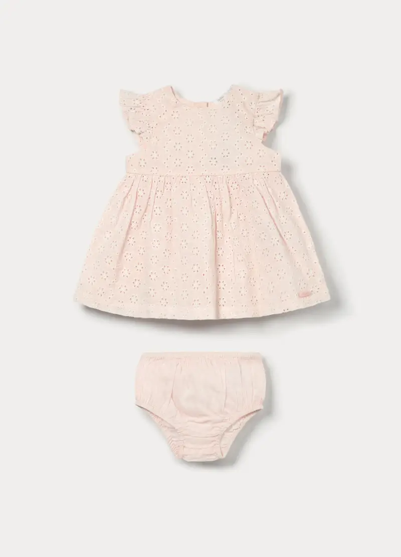 Set Vestitino + Culotte In Puro Cotone Sangallo Neonata, Rosa chiaro
