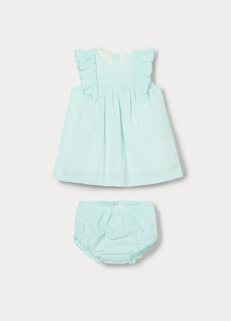 Set Vestitino + Shorts In Misto Cotone Seersucker Neonato, Neonata, Bianco/Verde