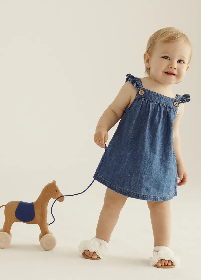 Set Vestito + Shorts In Denim Di Puro Cotone Iana Neonata, Blu denim