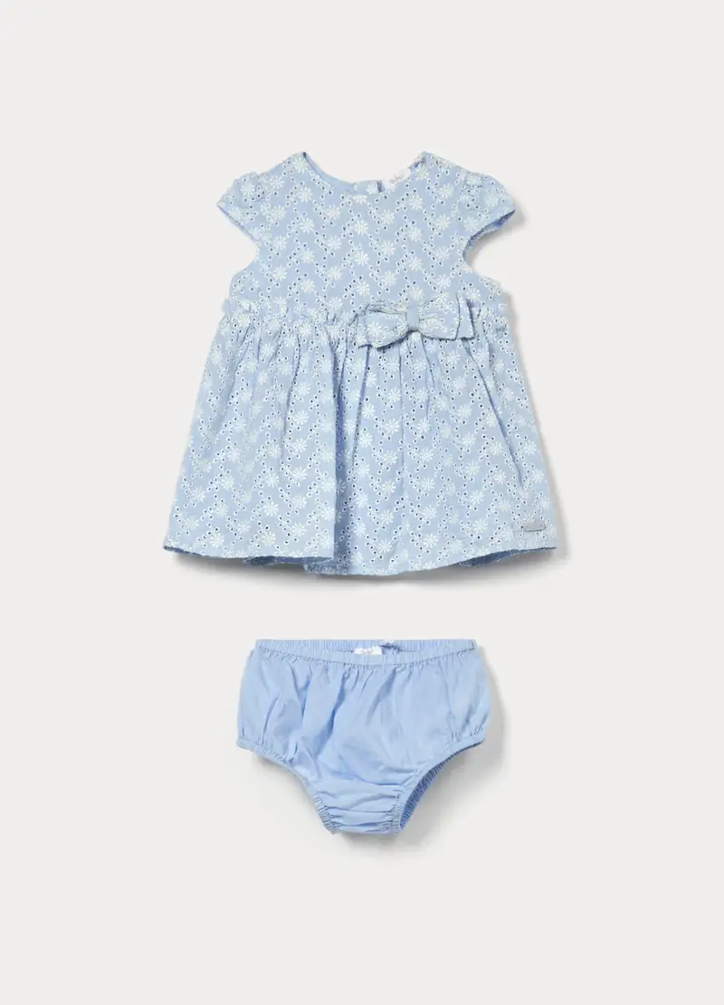 Set Vestito + Shorts In Puro Cotone Sangallo Neonata, Azzurro chiaro