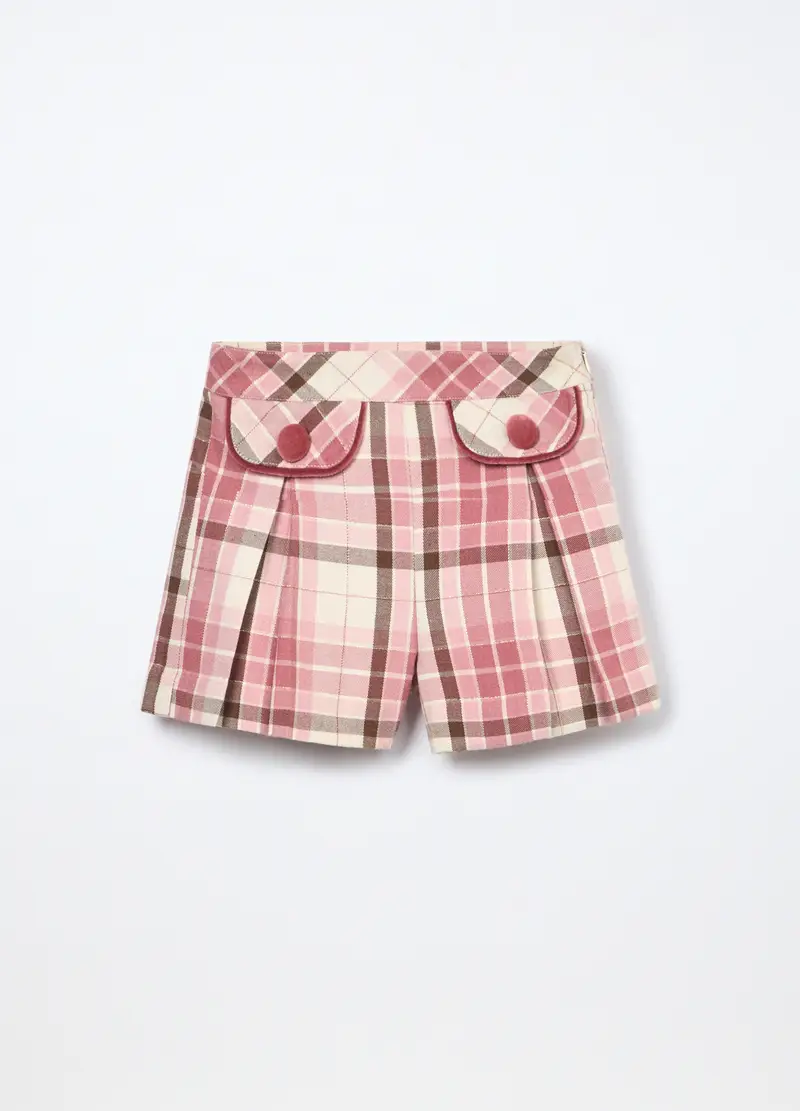 Shorts A Quadri Misto Cotone Bambina, Bianco/Rosa