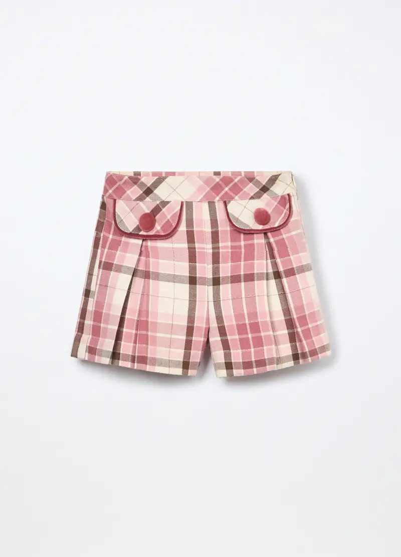 Shorts A Quadri Misto Cotone Bambina, Bianco/Rosa