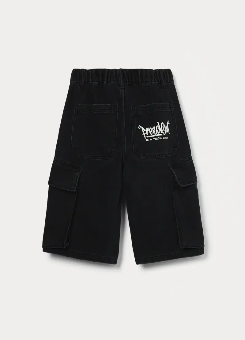 Shorts Cargo In Denim Misto Cotone Ragazzo, Bambino, Nero stampa 2 miniatura 2