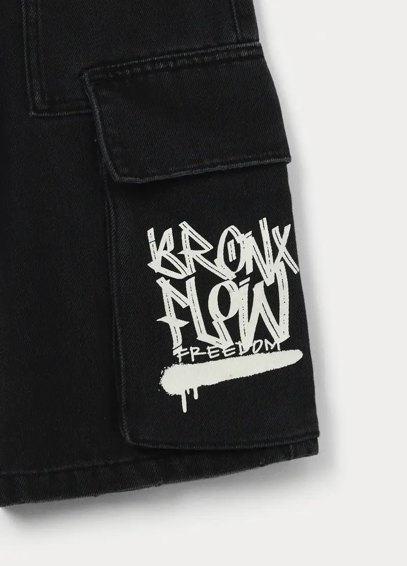 Shorts Cargo In Denim Misto Cotone Ragazzo, Bambino, Nero stampa 2 miniatura 3