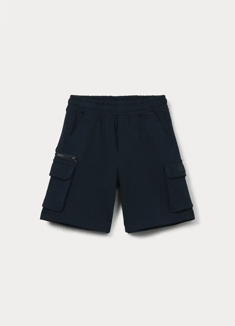 Shorts Cargo In French Terry Di Puro Cotone Bambino, Blu scuro