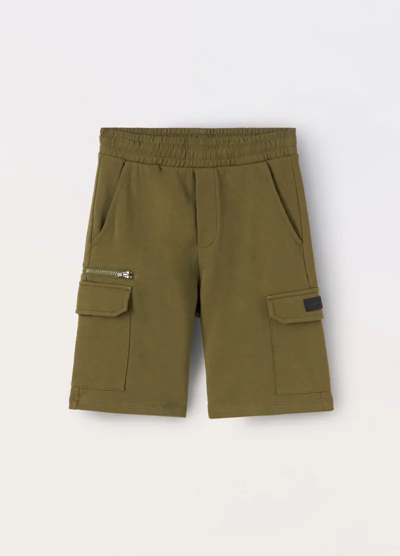 Shorts Cargo In French Terry Di Puro Cotone Ragazzo, Bambino, Verde militare