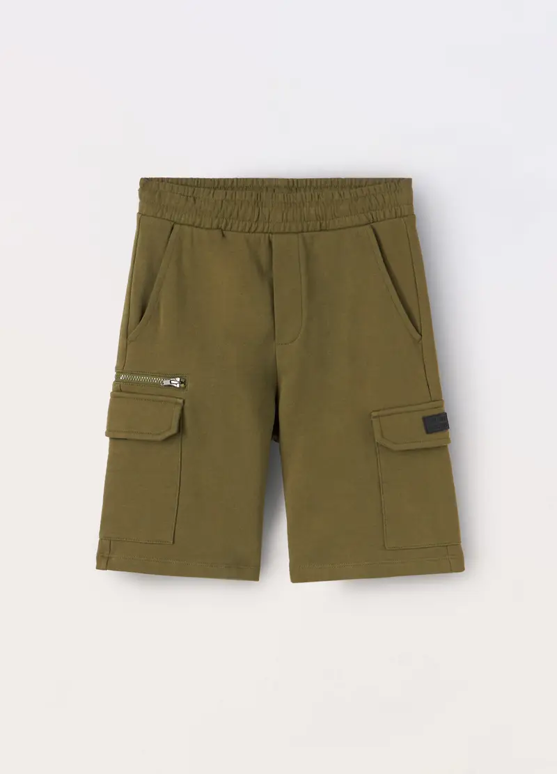 Blukids, Shorts Cargo In French Terry Di Puro Cotone Ragazzo, Bambino, Verde militare, Taglia: 9-10
