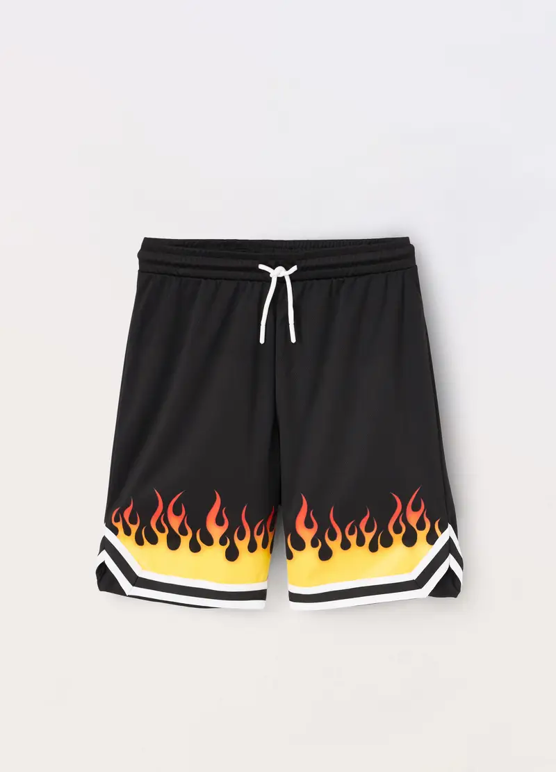 Blukids, Shorts In Tessuto Mesh Con Stampa Ragazzo, Bambino, Nero/Bianco, Taglia: 10-11