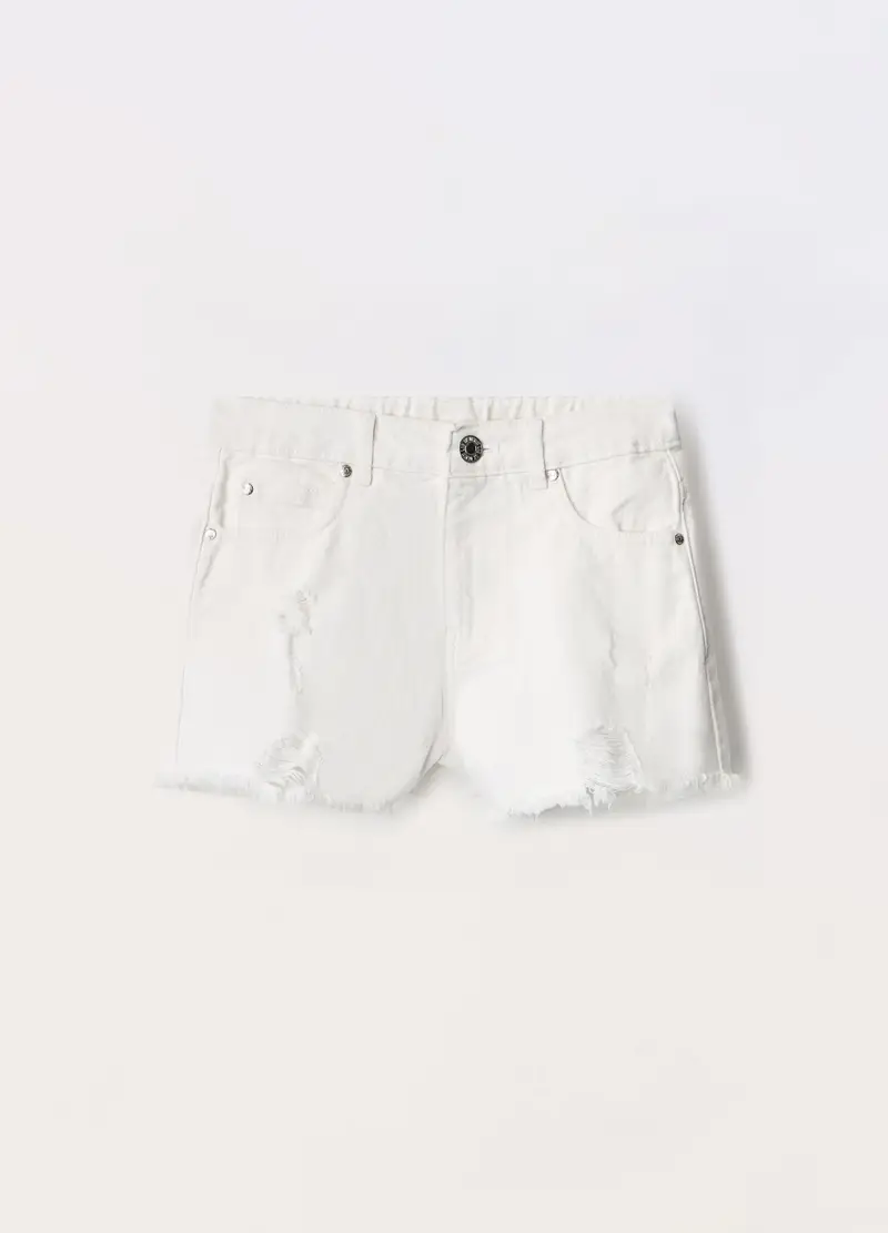 Shorts Ripped In Denim Di Puro Cotone Ragazza, Bambina, Bianco gesso