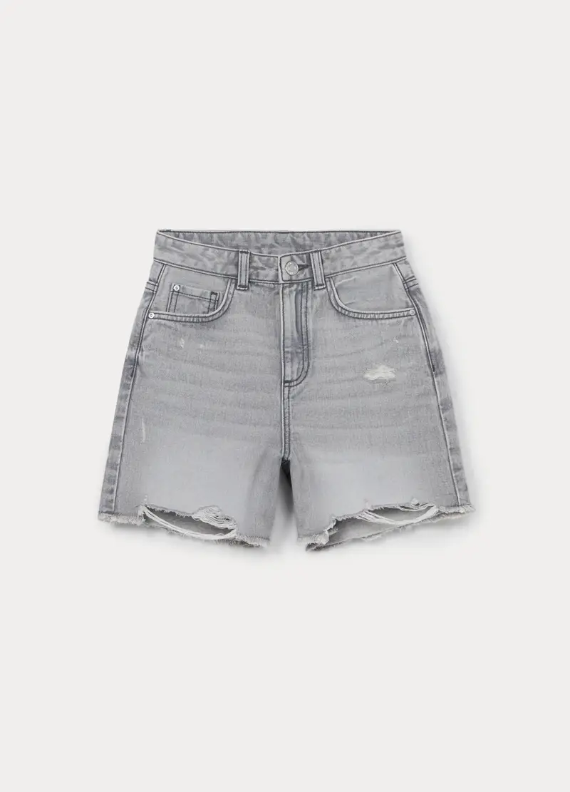 Shorts Ripped In Denim Di Puro Cotone Ragazza, Bambina, Grigio chiaro