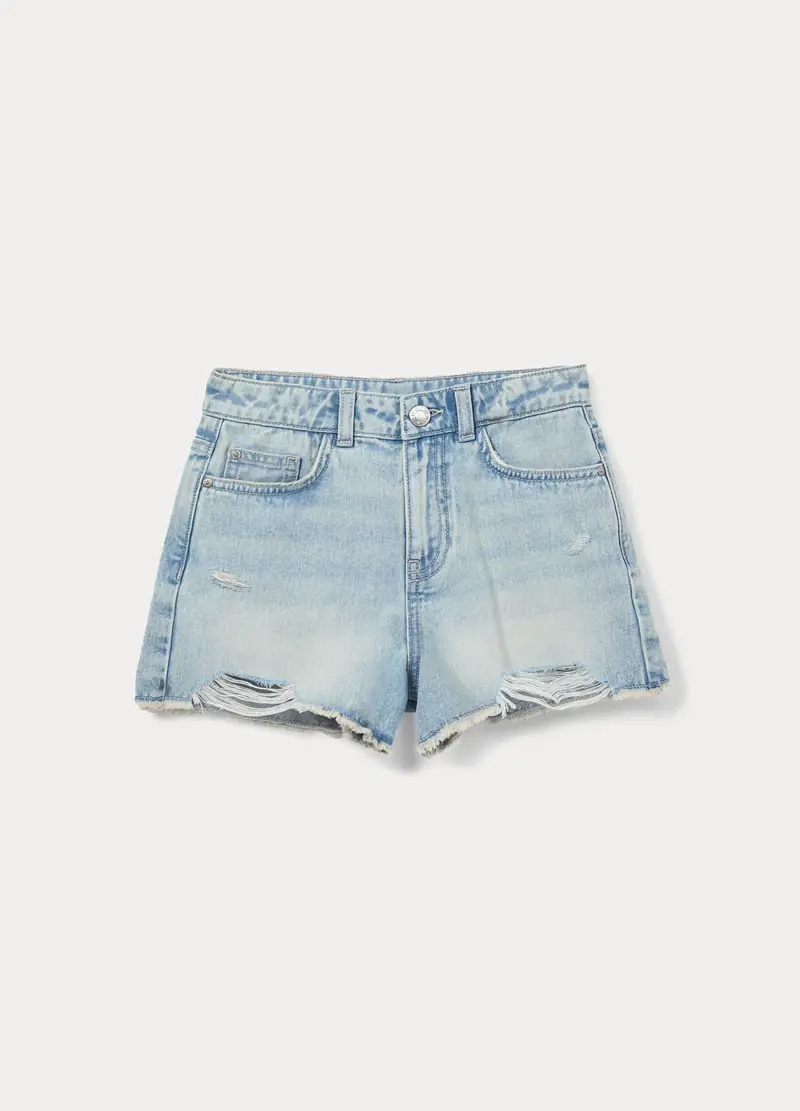 Shorts Ripped Regular Fit In Denim Di Puro Cotone Ragazza, Bambina, Azzurro chiaro