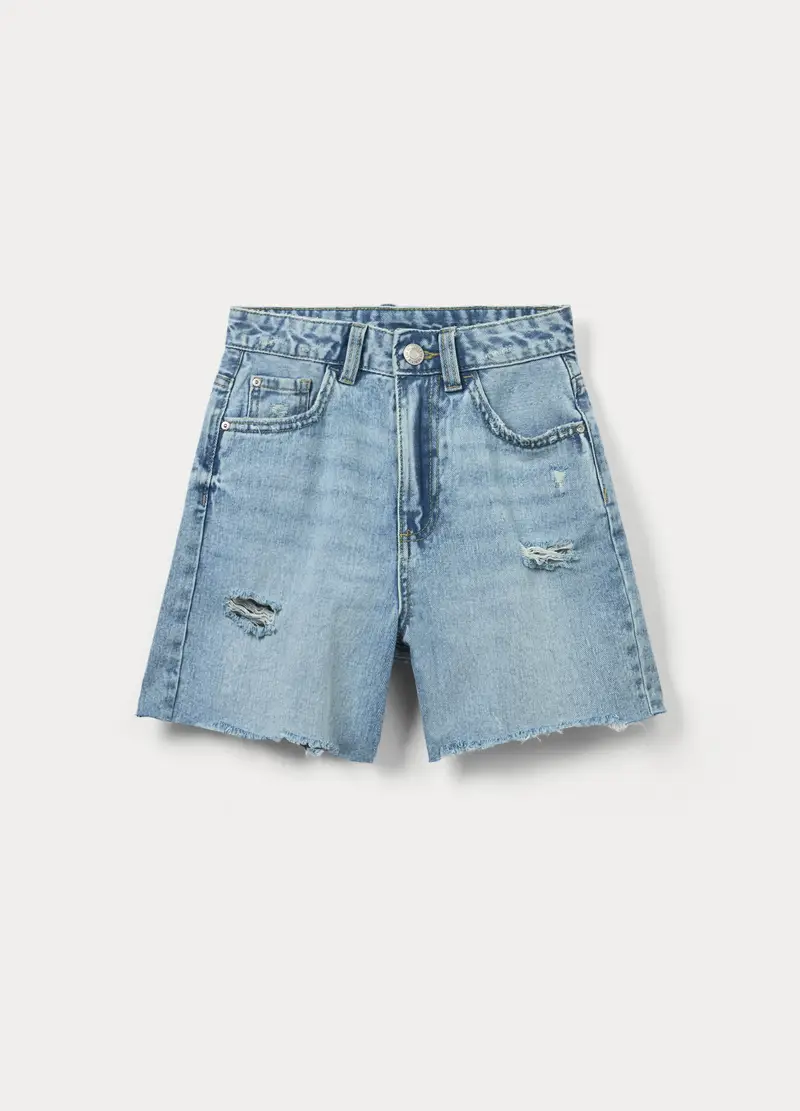 Shorts Ripped Straight Fit In Denim Di Puro Cotone Ragazza, Bambina, Blu chiaro