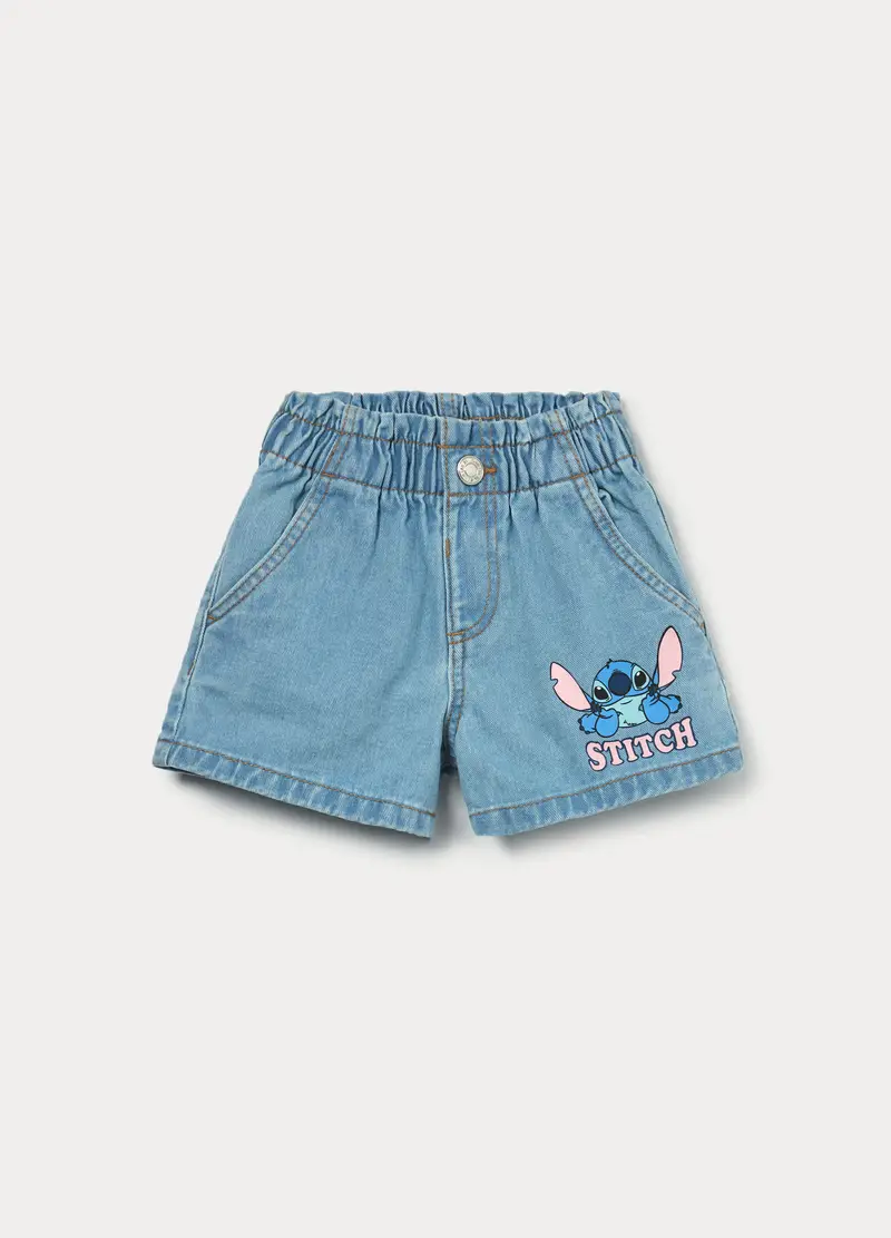 Shorts Stitch In Denim Di Puro Cotone Bambina, Azzurro chiaro