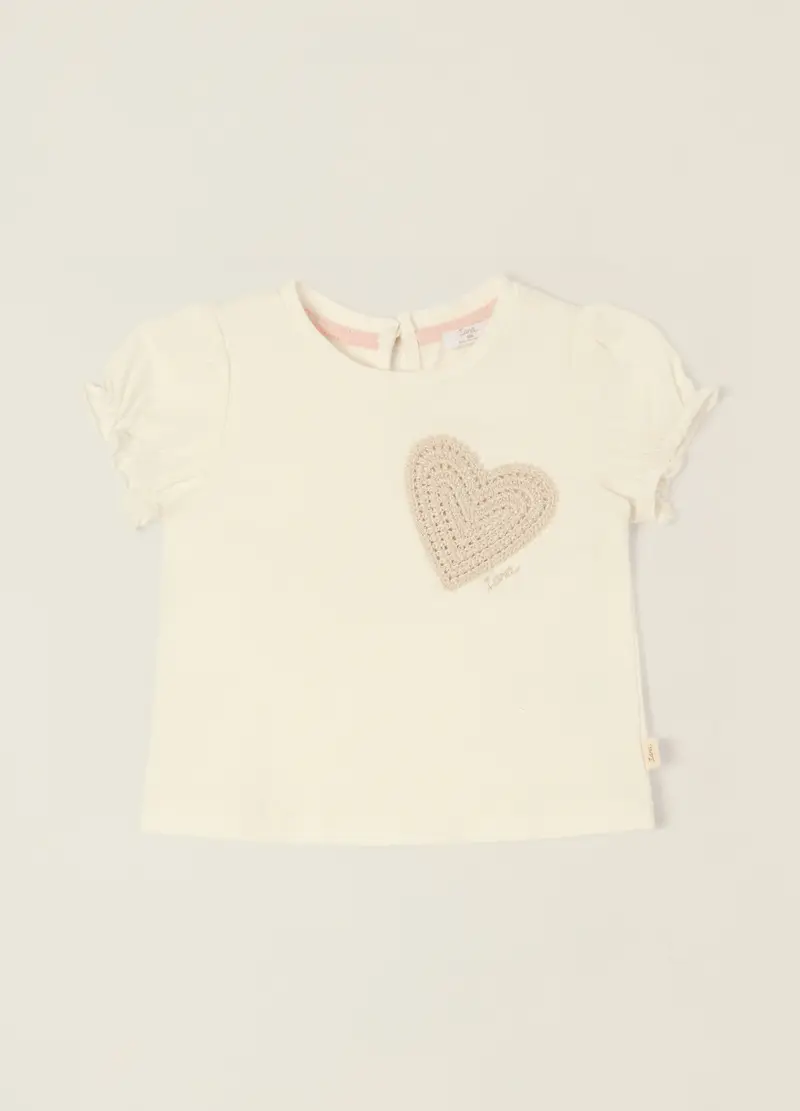 T-shirt Bianca In Cotone Elasticizzato Con Applicazione Cuoricino, Neonata, Beige