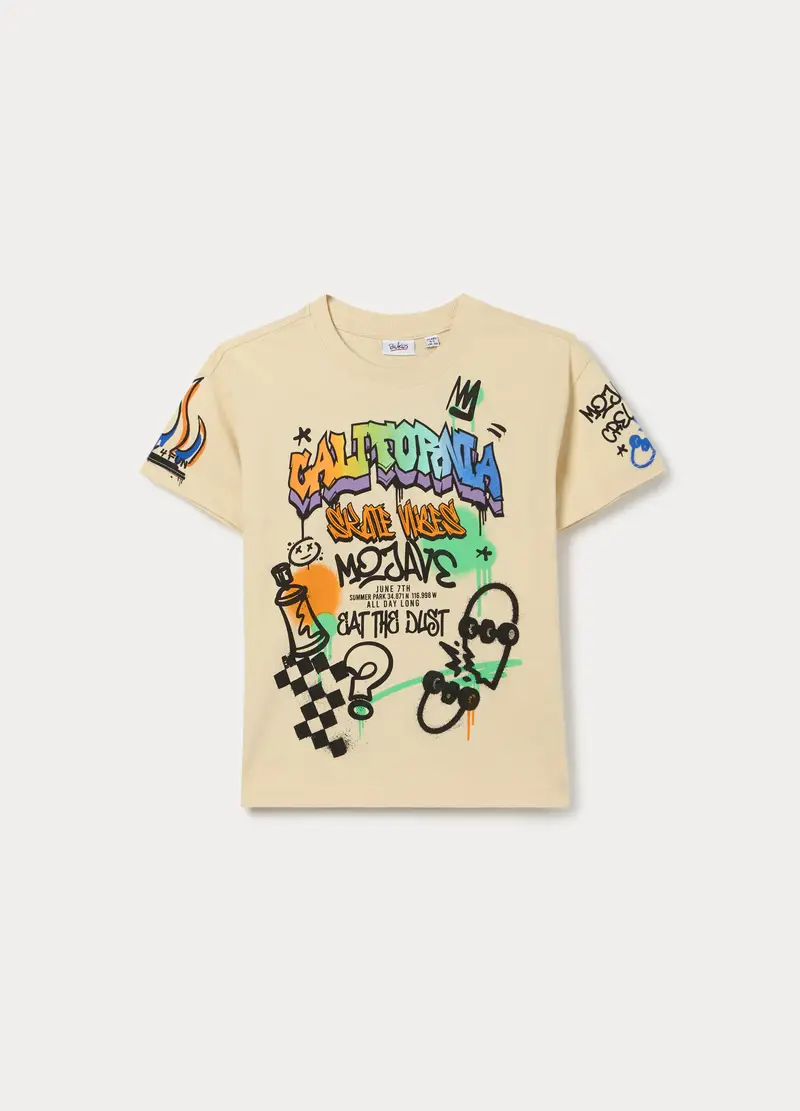T-shirt Con Stampa In Jersey Di Puro Cotone Bambino, Beige