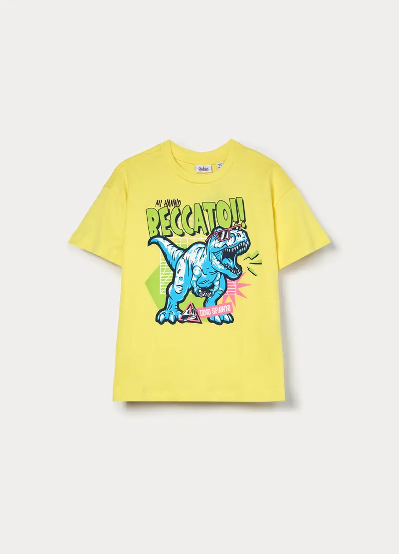 T-shirt Con Stampa In Jersey Di Puro Cotone Bambino, Giallo canarino