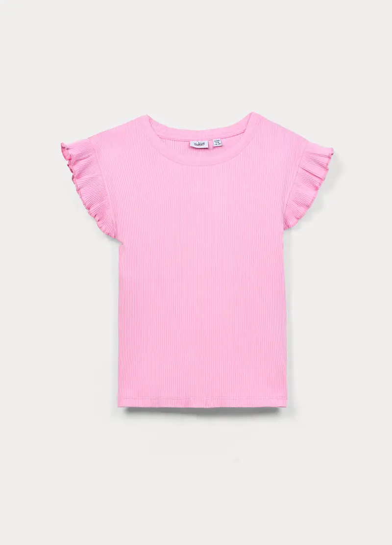 T-shirt Fitted In Costina Di Cotone Stretch Ragazza, Bambina, Rosa pastello