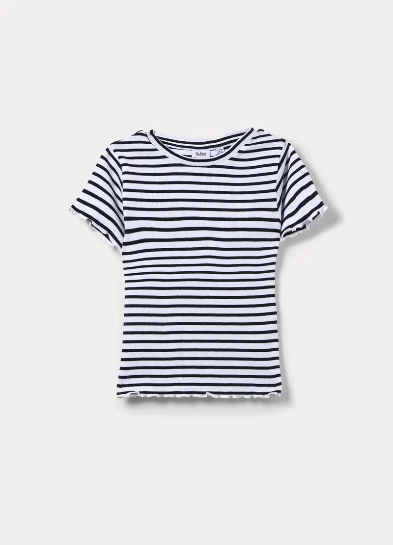 T-shirt Fitted In Costina Stretch Ragazza, Bambina, Bianco/Nero
