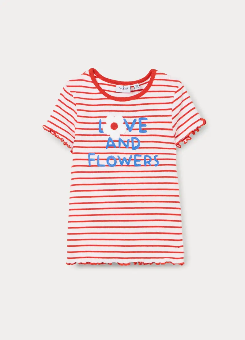 T-shirt Girocollo In Costina Di Cotone Stretch Bambina, Bianco/Rosso