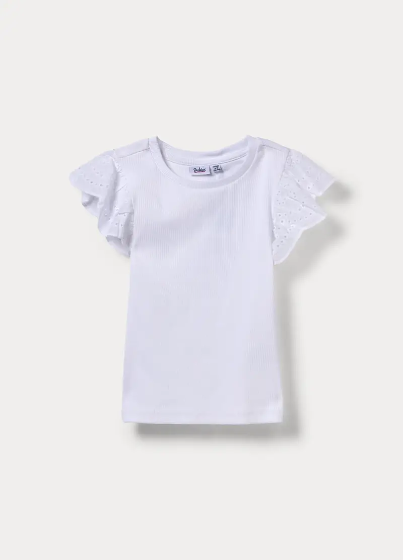 T-shirt Girocollo In Costina Ragazza, Bambina, Bianco gesso