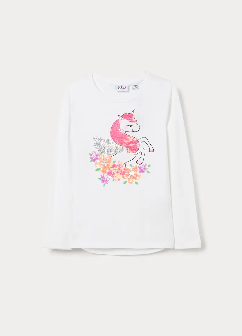 T-shirt Girocollo In Jersey Di Cotone Stretch Bambina, Bianco