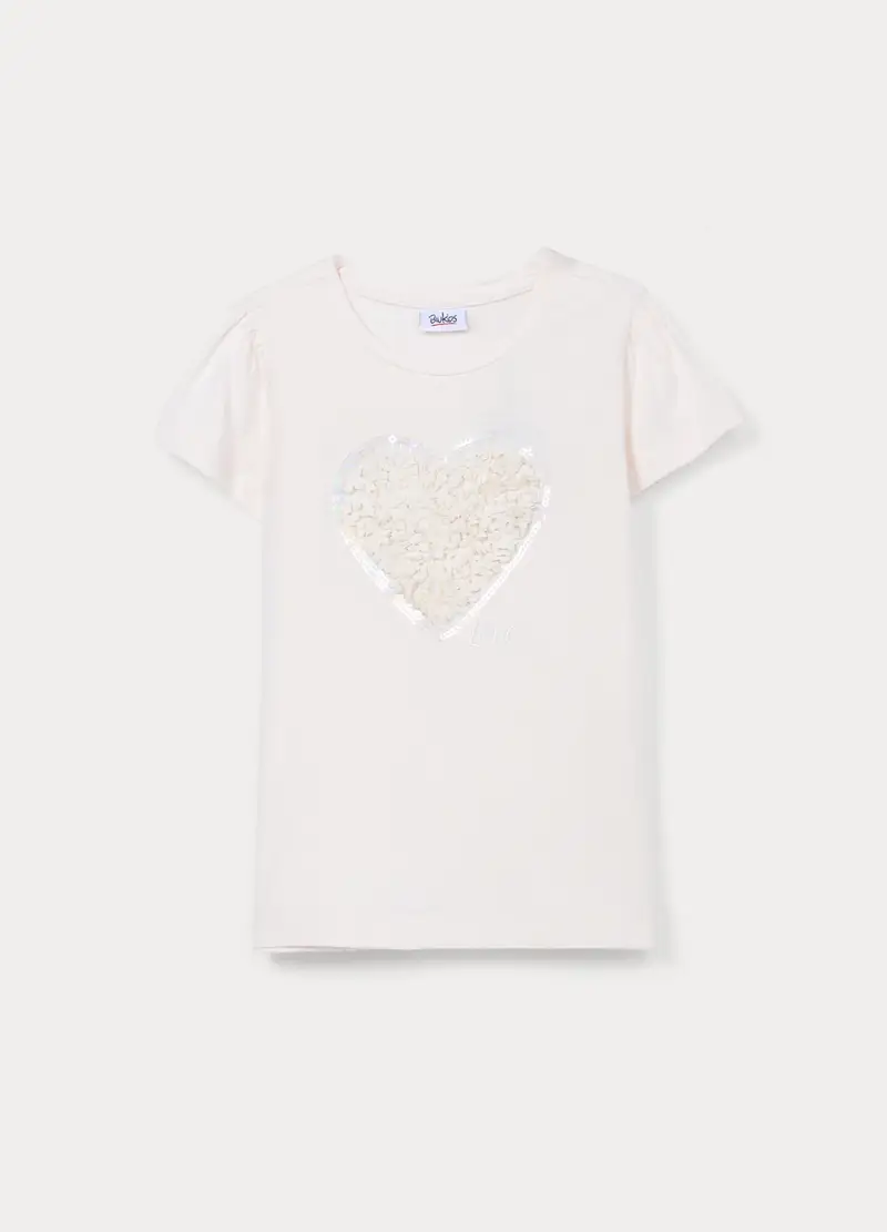 T-shirt Girocollo In Jersey Di Puro Cotone Bambina, Bianco gesso