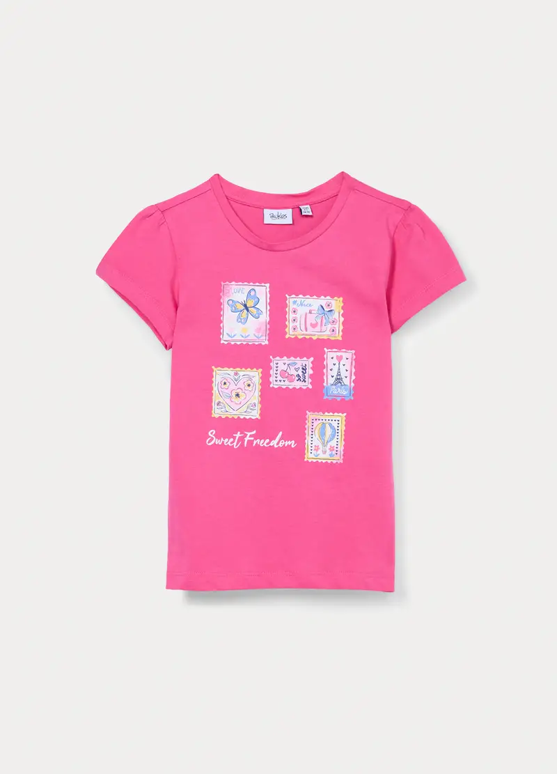 T-shirt Girocollo In Jersey Di Puro Cotone Bambina, Rosa fuxia