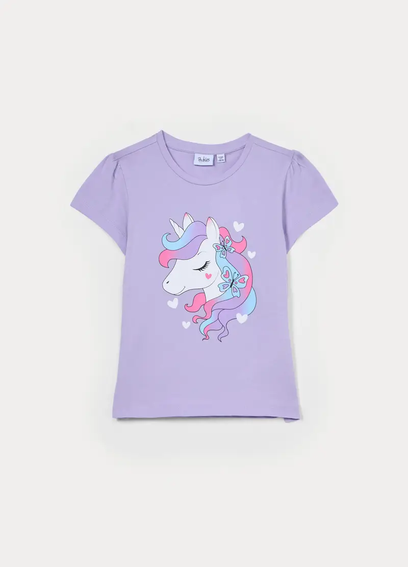 T-shirt Girocollo In Jersey Di Puro Cotone Bambina, Viola lilla