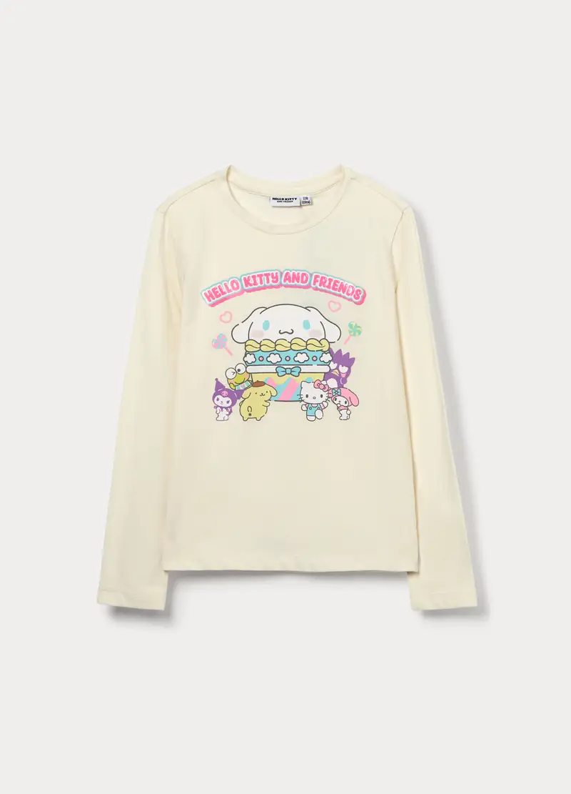 T-shirt Hello Kitty In Jersey Di Cotone Stretch Bambina, Bianco panna