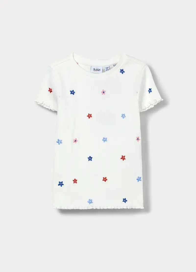 T-shirt In Costina Di Cotone Stretch Bambina, Bianco