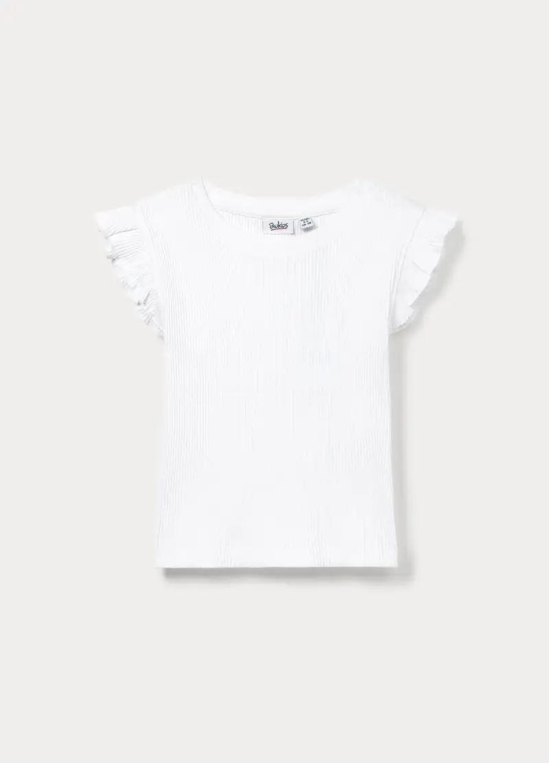 T-shirt In Costina Di Cotone Stretch Bambina, Bianco gesso