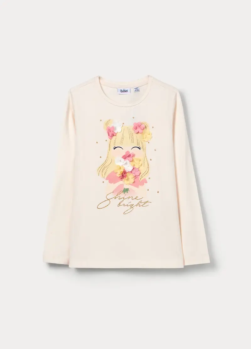 T-shirt In Jersey Di Cotone Stretch Bambina, Beige chiaro