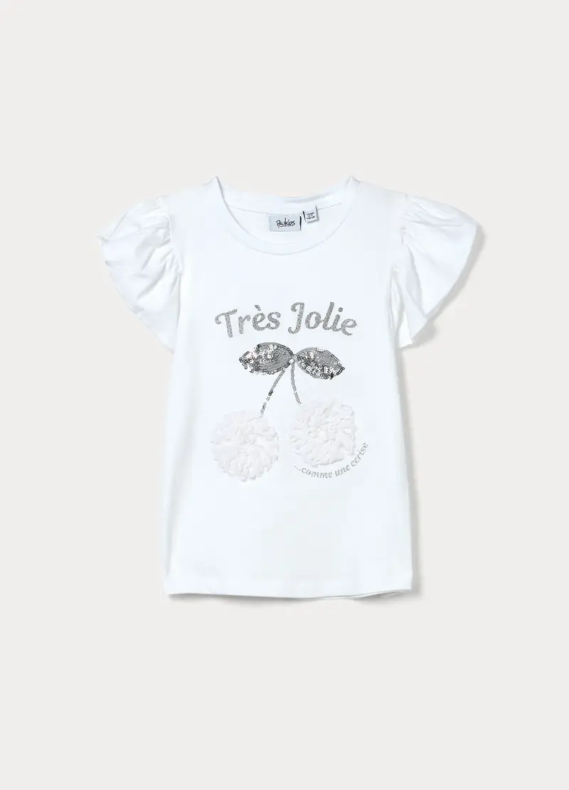 T-shirt In Jersey Di Cotone Stretch Bambina, Bianco gesso