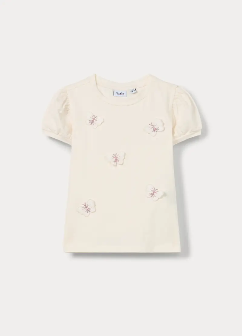 T-shirt In Jersey Di Cotone Stretch Bambina, Bianco panna