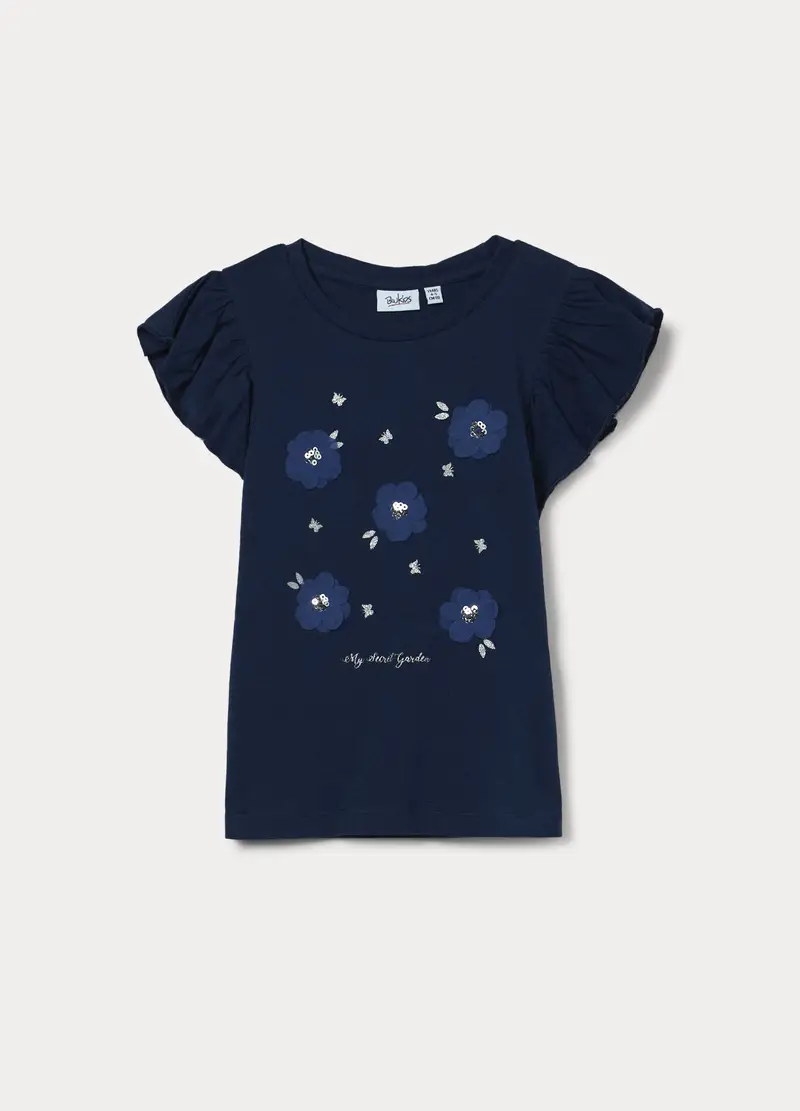 T-shirt In Jersey Di Cotone Stretch Bambina, Blu scuro