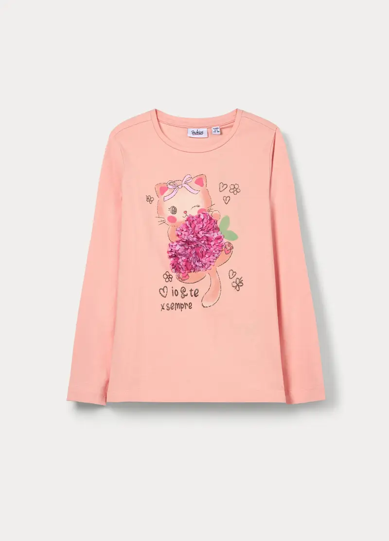 T-shirt In Jersey Di Cotone Stretch Bambina, Rosa pompelmo