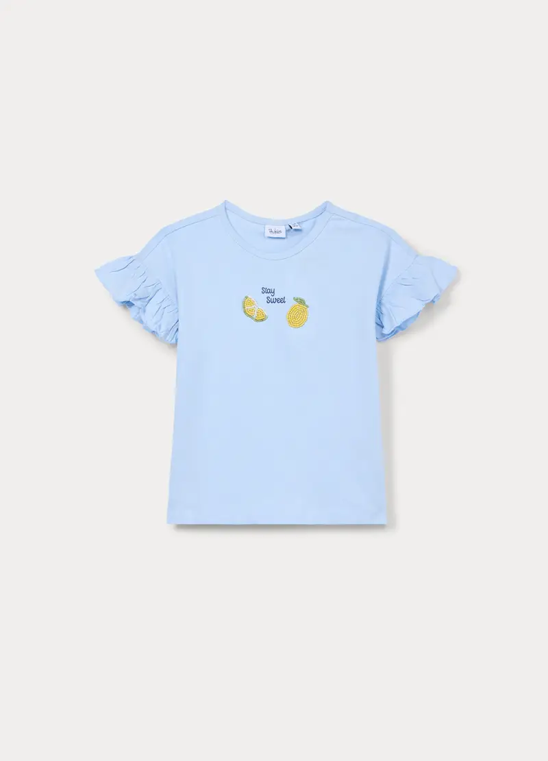 T-shirt In Jersey Di Puro Cotone Bambina, Azzurro chiaro