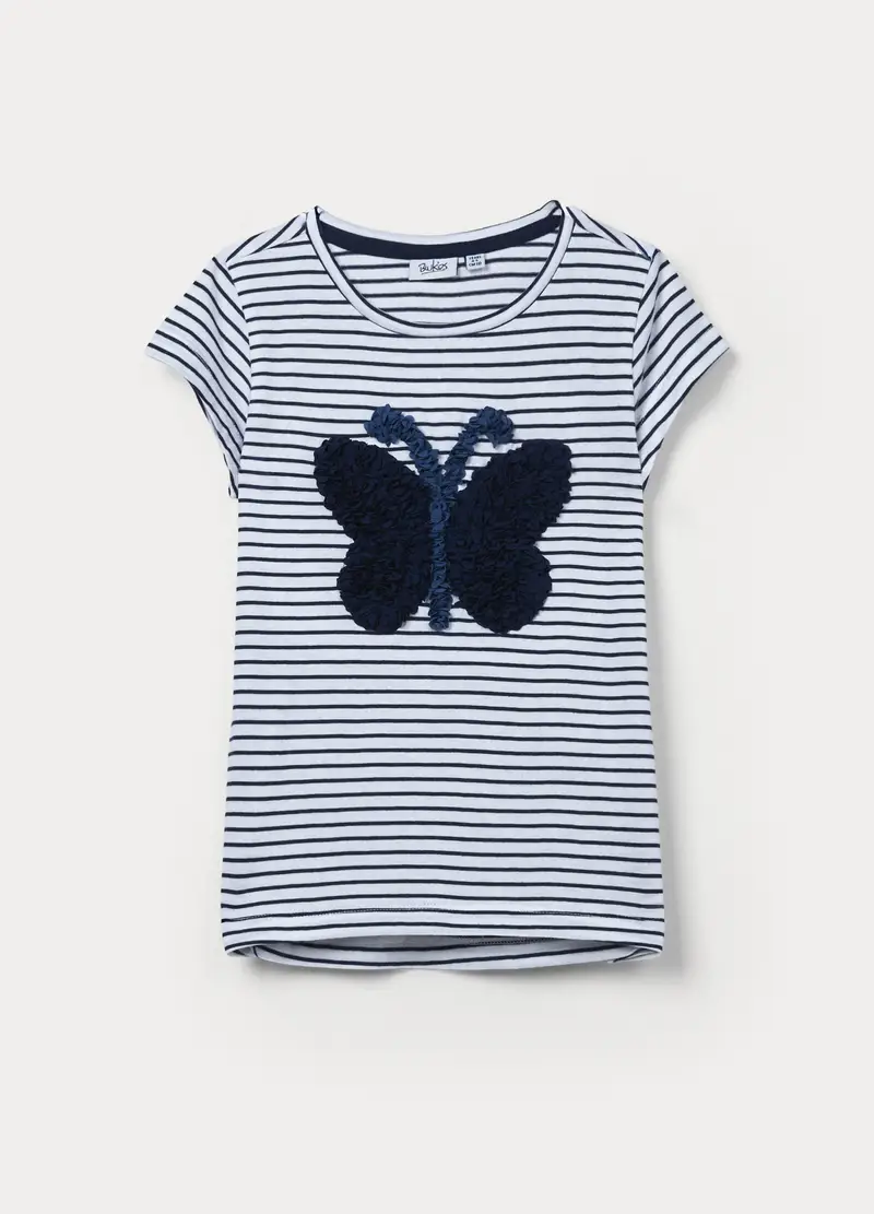T-shirt In Jersey Di Puro Cotone Bambina, Bianco/Blu