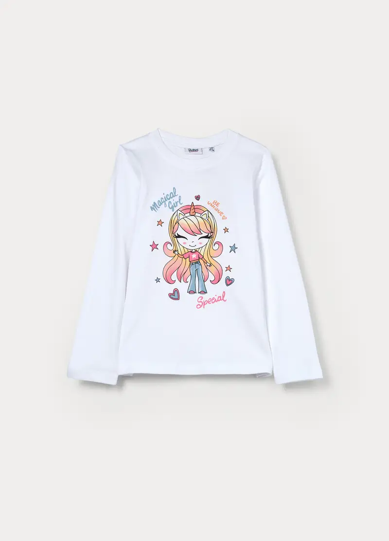T-shirt In Jersey Di Puro Cotone Bambina, Bianco gesso