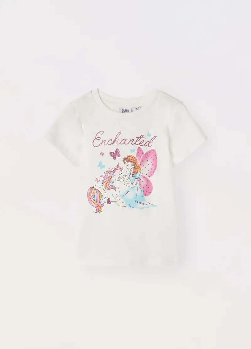 T-shirt In Jersey Di Puro Cotone Bambina, Bianco panna