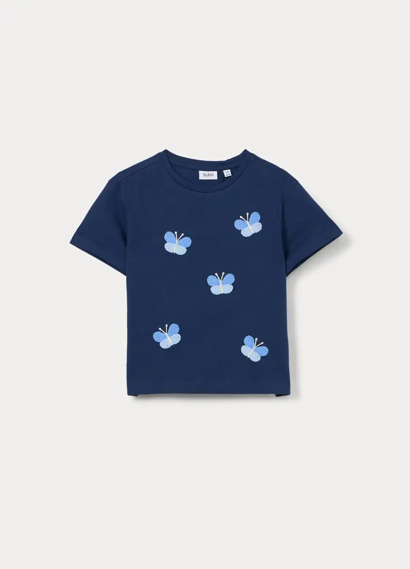 T-shirt In Jersey Di Puro Cotone Bambina, Blu scuro