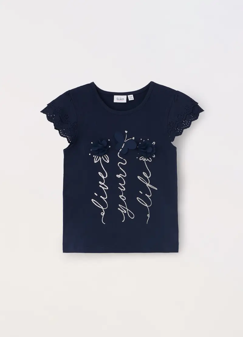 T-shirt In Jersey Di Puro Cotone Bambina, Blu scuro