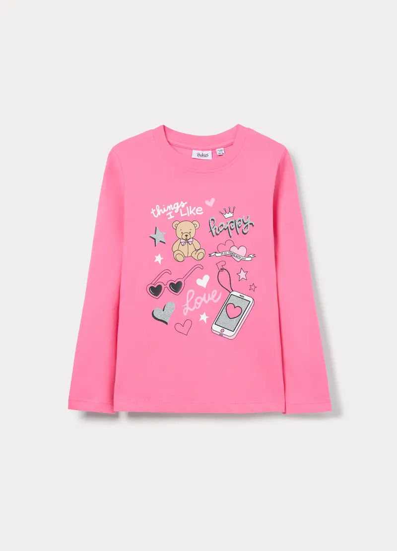 T-shirt In Jersey Di Puro Cotone Bambina, Rosa pastello