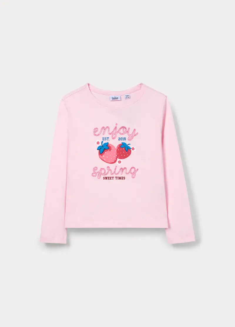 T-shirt In Jersey Di Puro Cotone Bambina, Rosa pastello