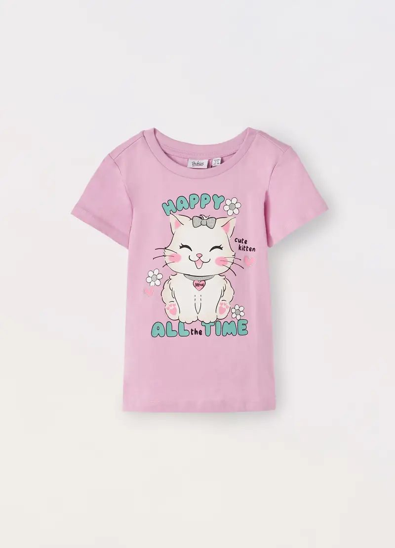 T-shirt In Jersey Di Puro Cotone Bambina, Rosa pastello