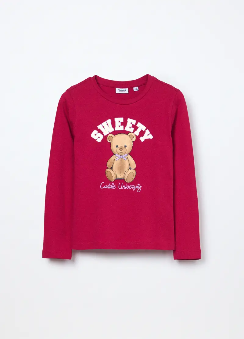 T-shirt In Jersey Di Puro Cotone Bambina, Rosso fragola