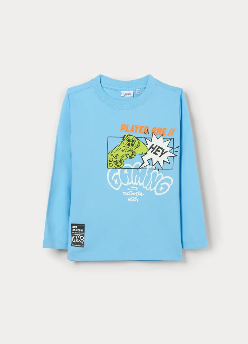 T-shirt In Jersey Di Puro Cotone Bambino, Azzurro cielo