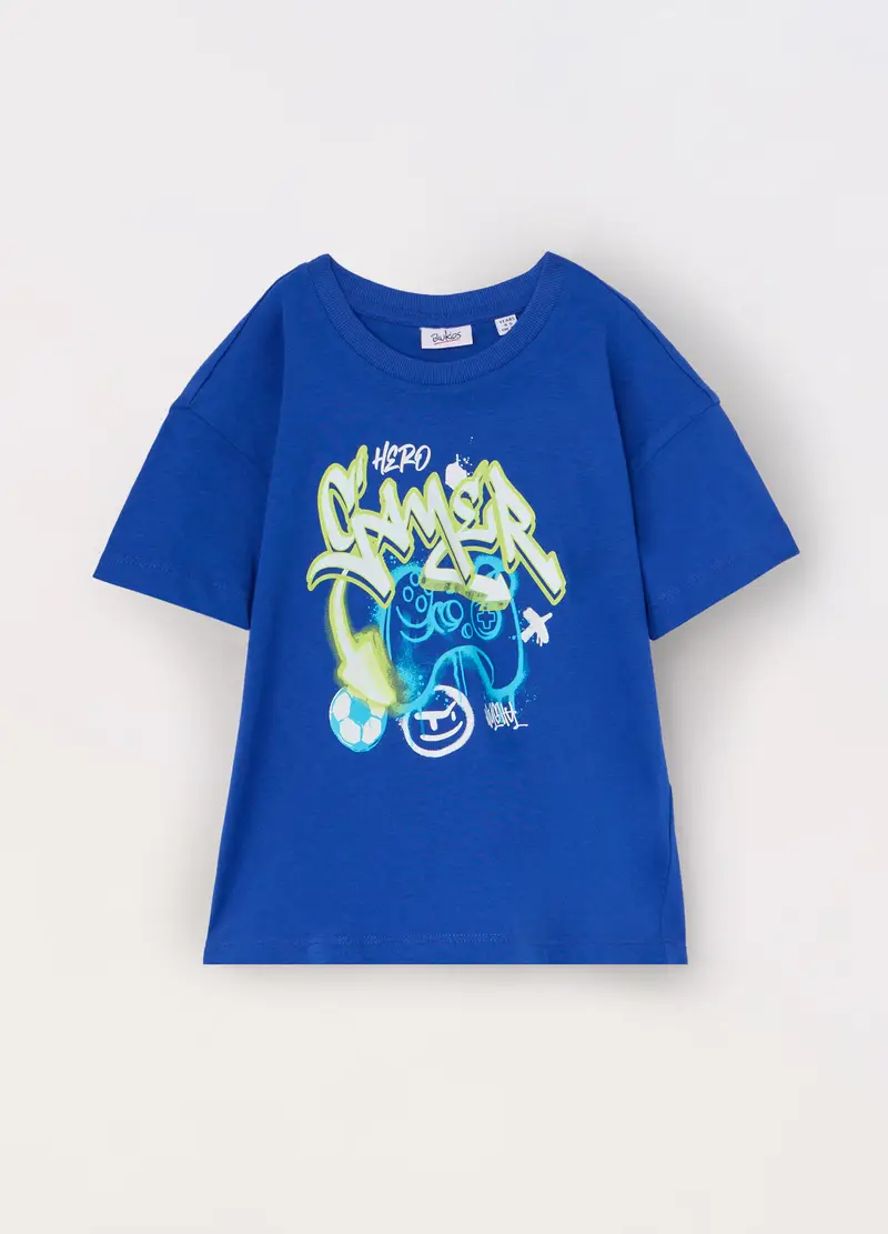 T-shirt In Jersey Di Puro Cotone Bambino, Blu elettrico