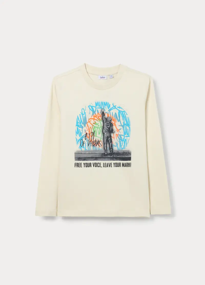 T-shirt In Jersey Di Puro Cotone Ragazzo, Bambino, Bianco panna