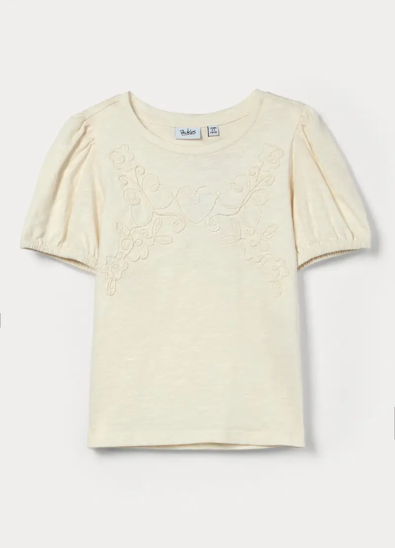 T-shirt In Puro Cotone Slub Bambina, Bianco avorio